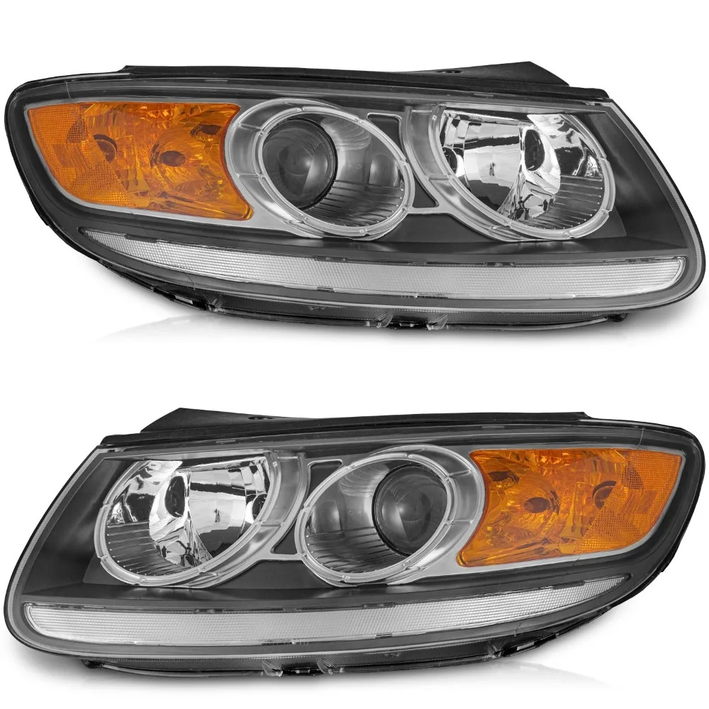 For 2007-2012 Hyundai Santa Fe Halogen Headlamps Black Headlights L+R Pair