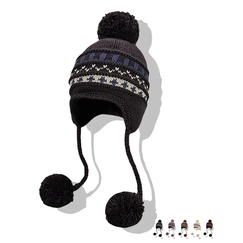 

Japanese Fair Island Ethnic Style Fleece Ear Protectors Warm Knitted Cap Winter Outdoor Men's and Women's Riding Bomber Hats