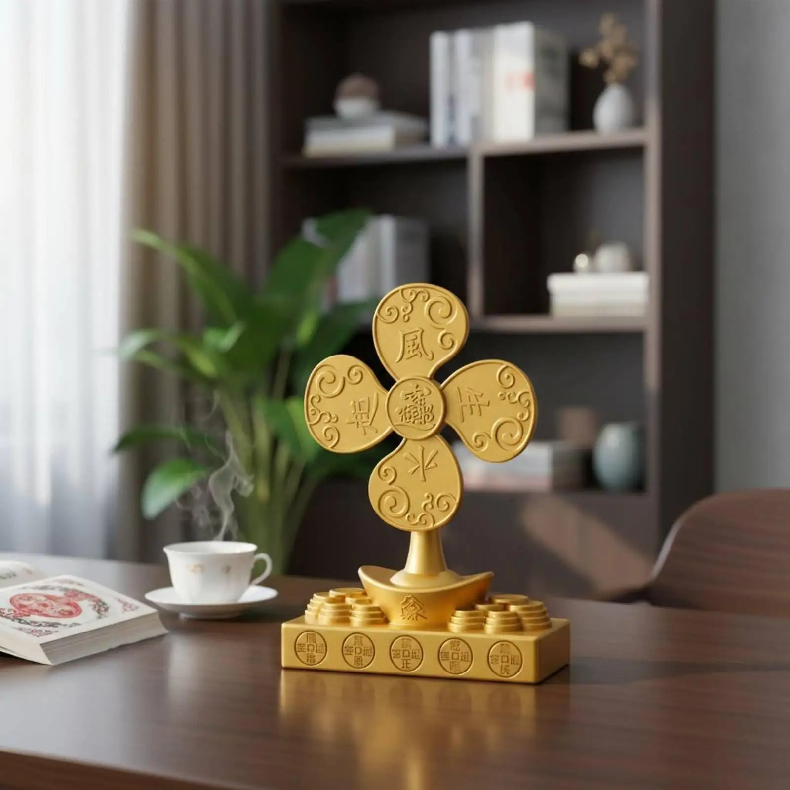 Alloy Windmill Figurine Five Emperors Coin Spinner Feng Shui Desk Accessory for Store Counter Home Shelf Ornament