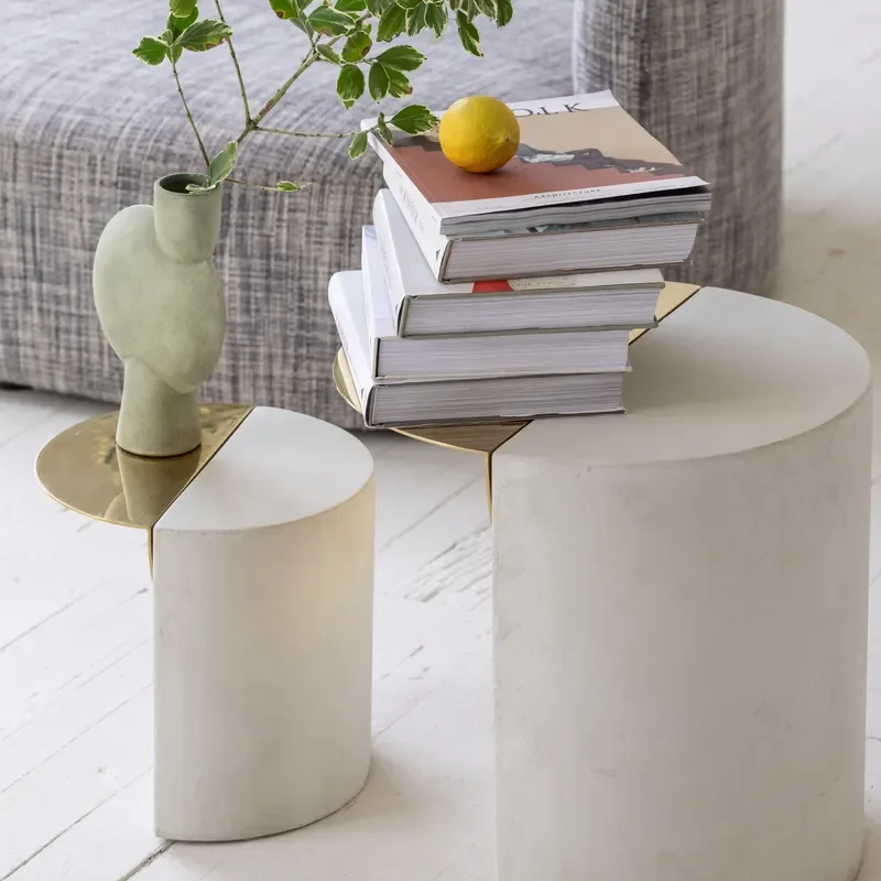 Light Mid century Vintage Fashion Modern Minimalist Style Bronze with Concrete Round Nesting Sidetable End Table