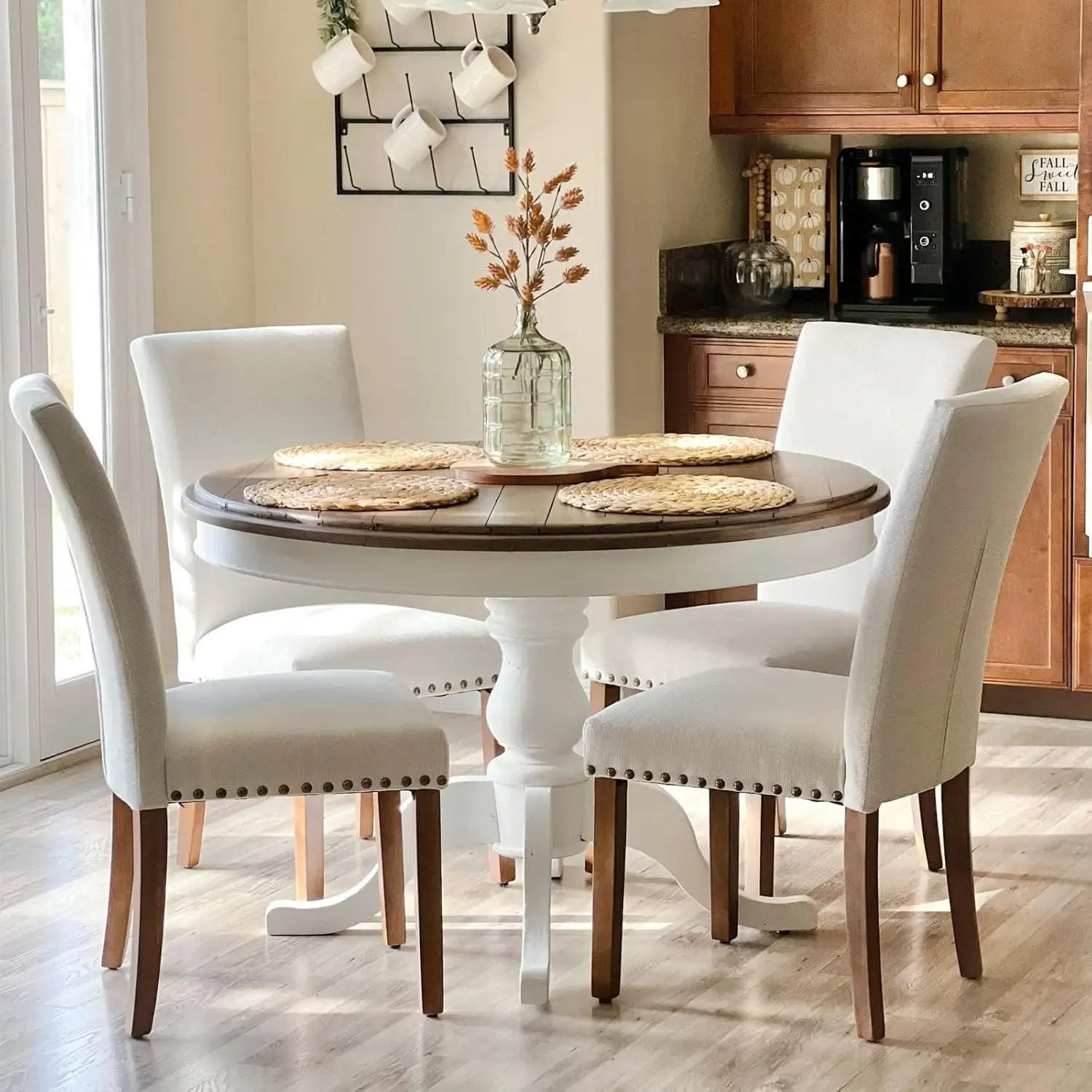 

Upholstered Parsons Dining Chairs Set of 4, Fabric Dining Room Kitchen Side Chair with Nailhead Trim and Wood Legs - Beige