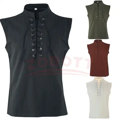 Medeltida renässanskrigare riddare kostym mantel skjorta toppar ärmlös t-shirt snörning design skjorta lös passform väst kläder 10 best sales medeltida tunika för män - №6