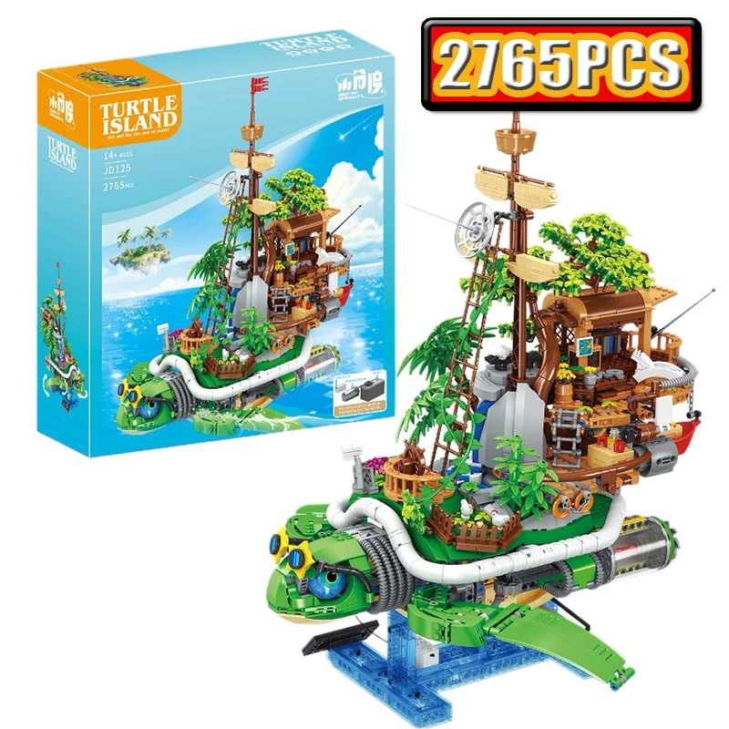 2765PCS Creativity Turtle Island Pirate Ship Model Building Block with Base Steampunk Style Assemble Bricks Toy for Adults Teens