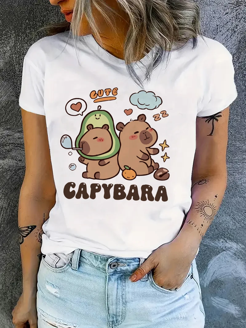 2025, neu in niedlichem Cartoon-Capybara-Aufdruck, kurzärmelig, Capibaras, Mädchen-Damenbekleidung, Top-T-Shirt, weibliches T-Shirt