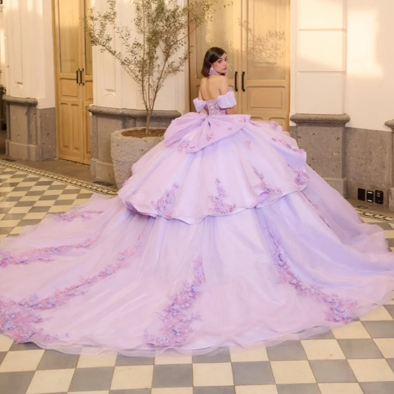 Lavender Glitter Quinceanera Dresses Off Shoulder Ball Gown Sweet 16 Dress Applique Beading Bow Tull Party Birthday Vetidos 15 d