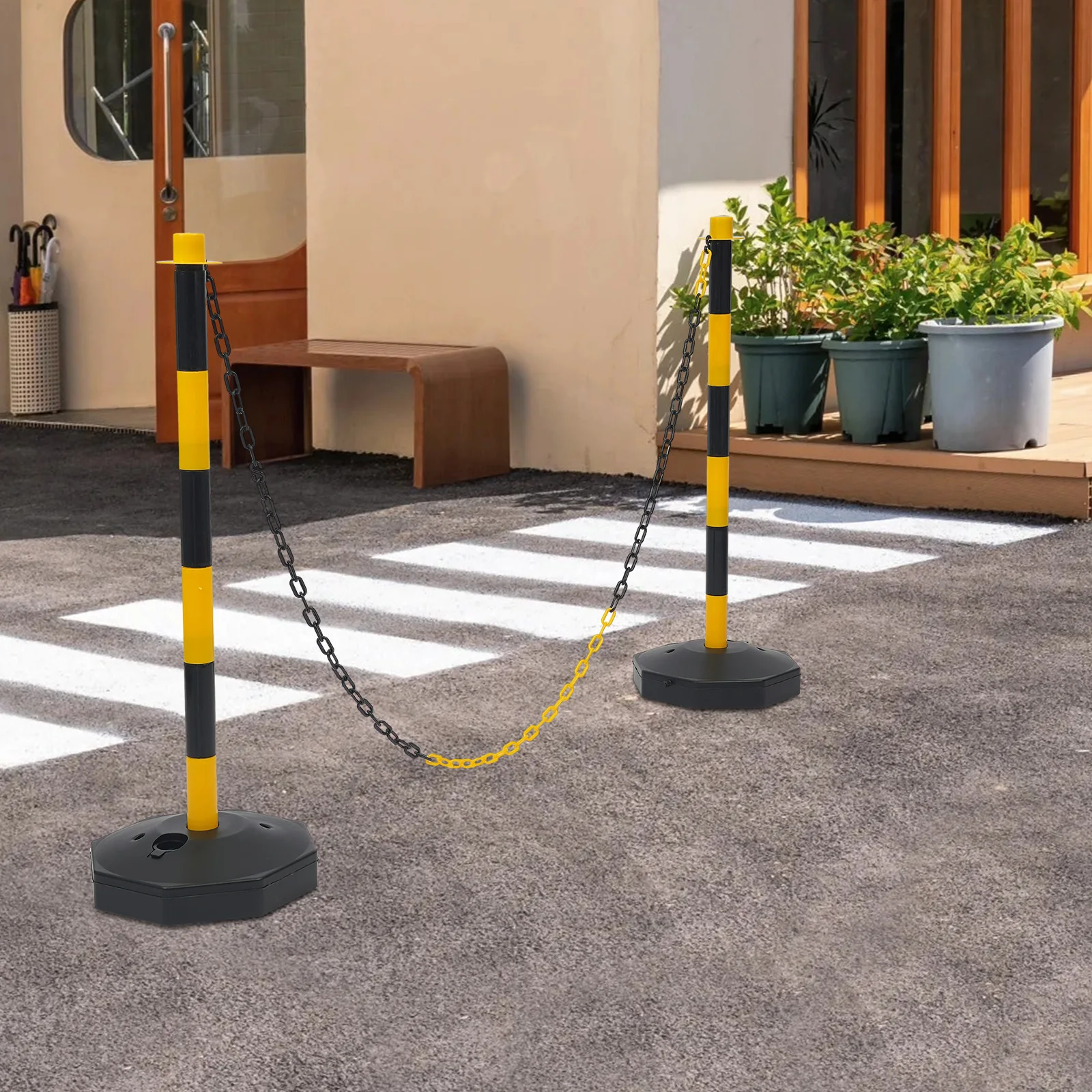 

6 Pack Traffic Cones with Fillable Base, Adjustable Delineator Post and Chain Barriers, Plastic Safety Bollards, Portable Parking Pole with Chains for Parking Lot
