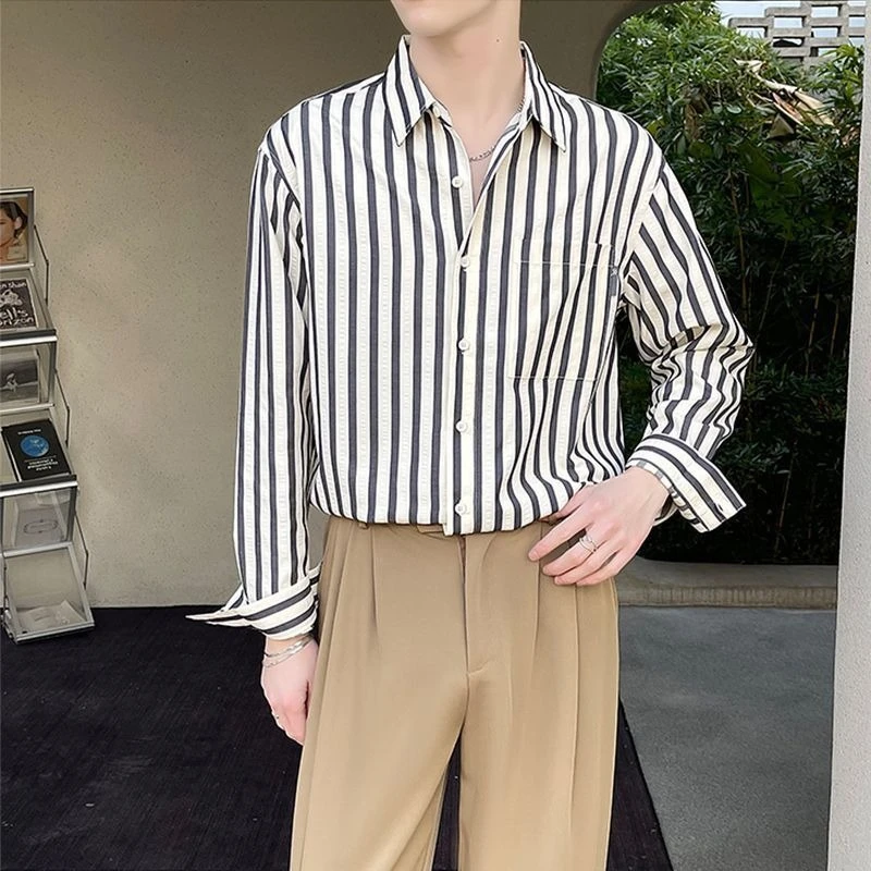 Men's Loose Striped Shirt Spring Summer Thin Long Sleeve Casual Korean Style Color Block Draping Top