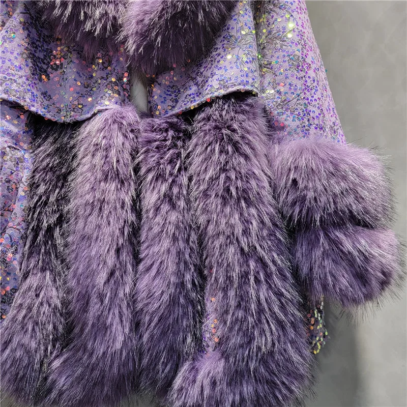 European Fashion Fur Lapel Imitation Fox Hair Sequins Jacket Women\'s Winter Clothing New Temperament Purple Overcoat Coats