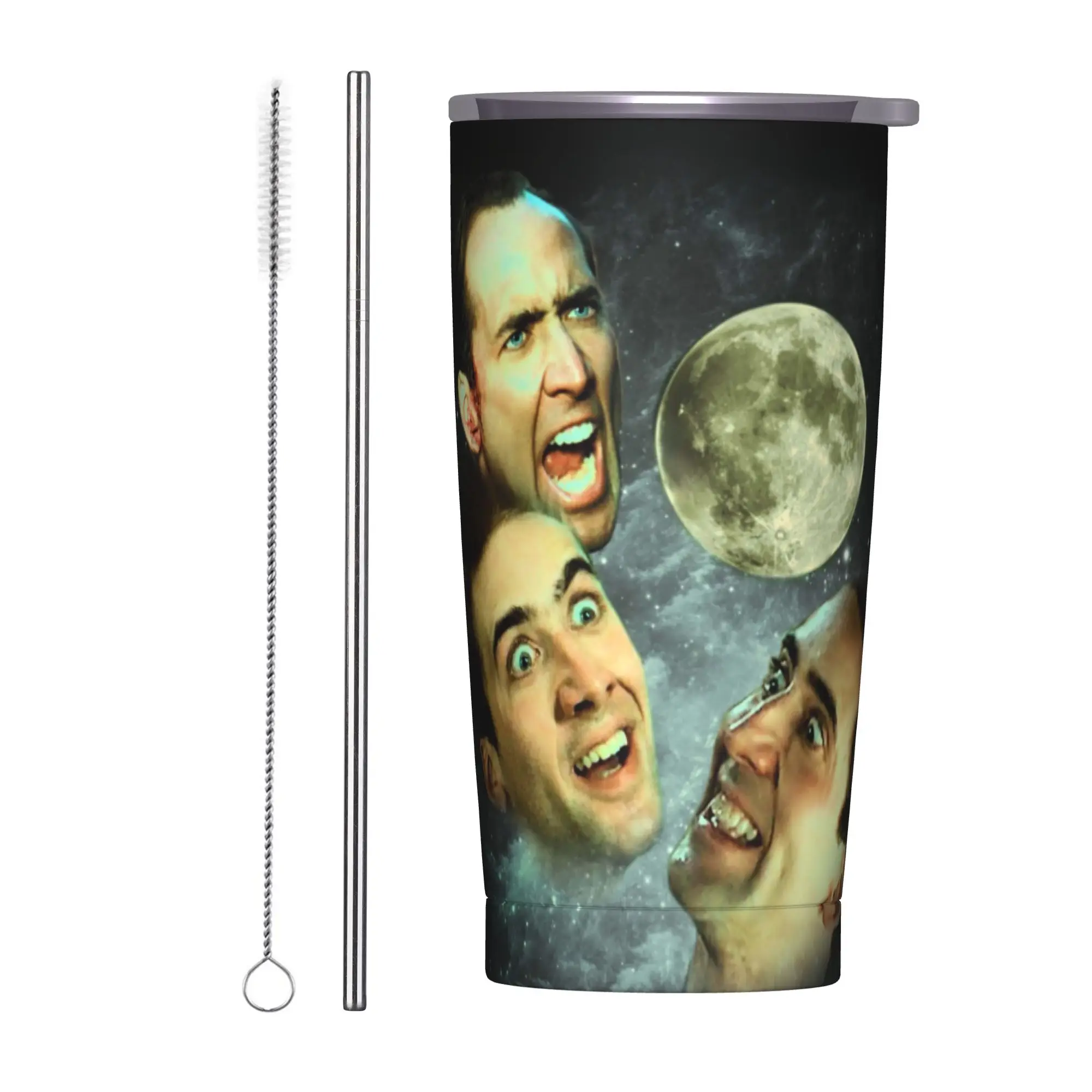 Three Cage Moon Insulated Tumbler with Straws Nicolas Cage Funny Parody Vacuum Coffee Mugs Office Home Car Bottle Cup, 20oz