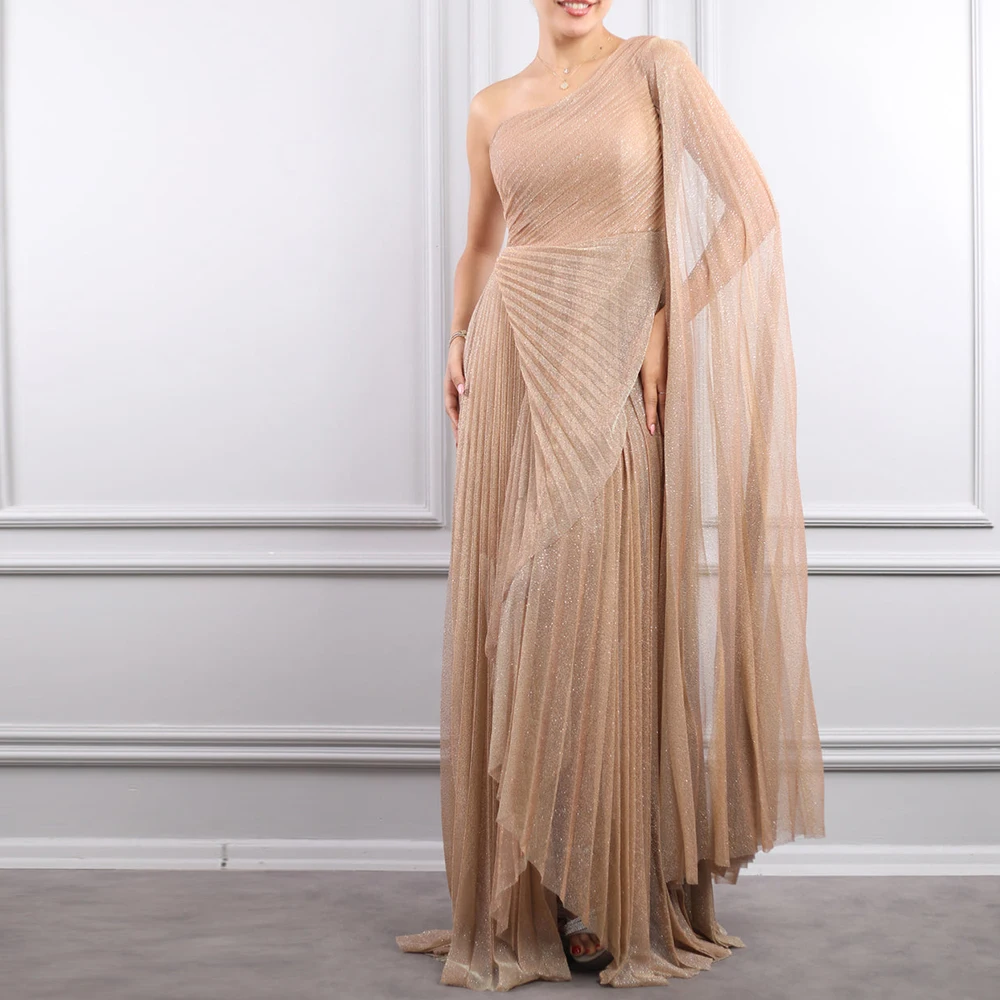 

Dubai Evening Caftan Dress One Shoulder Floor Length Pleats Sweep Train Solid Color Sleeveless Straight Special Occasion Gowns