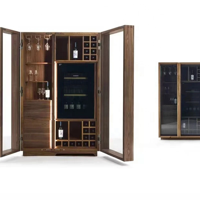 Walnut Solid Wood With Lighting Europe style Modern Wine Bar Cabinet with glass door