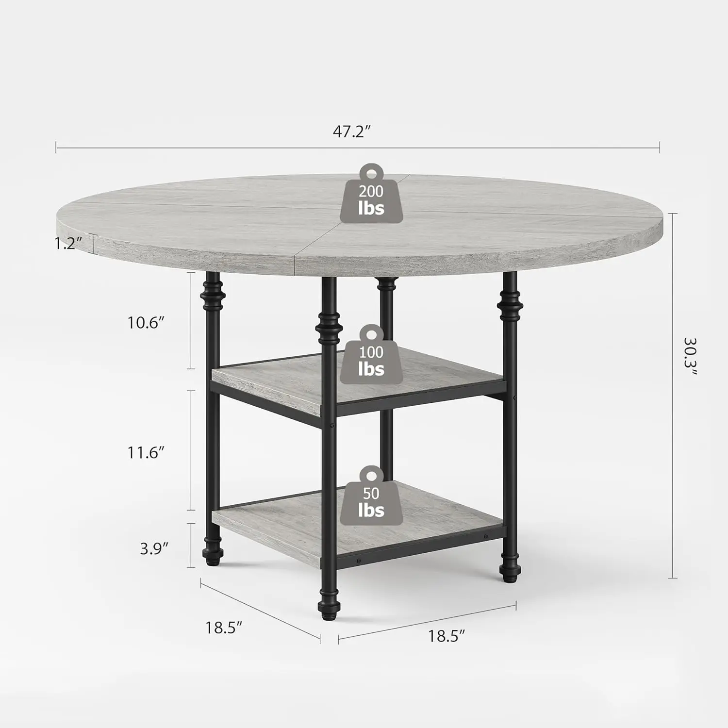 47-Inch Round Dining Table,Metal Roman Column Round Dining Table with 1.2 Inch Board and Storage Space,Perfect for Dining Room