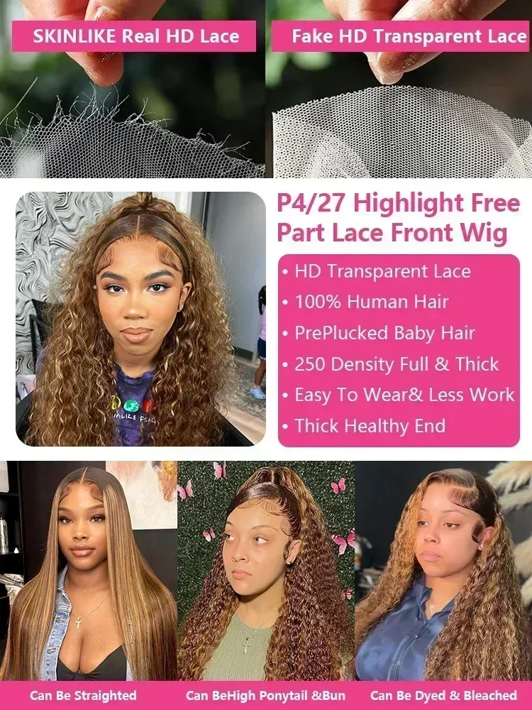 4/27 Highlight Ombre Deep Wave HD Lace Front Wigs 250 Density Curly 30 40 Inch Brown 13x6 Lace Frontal Human Hair Wig Water Wave