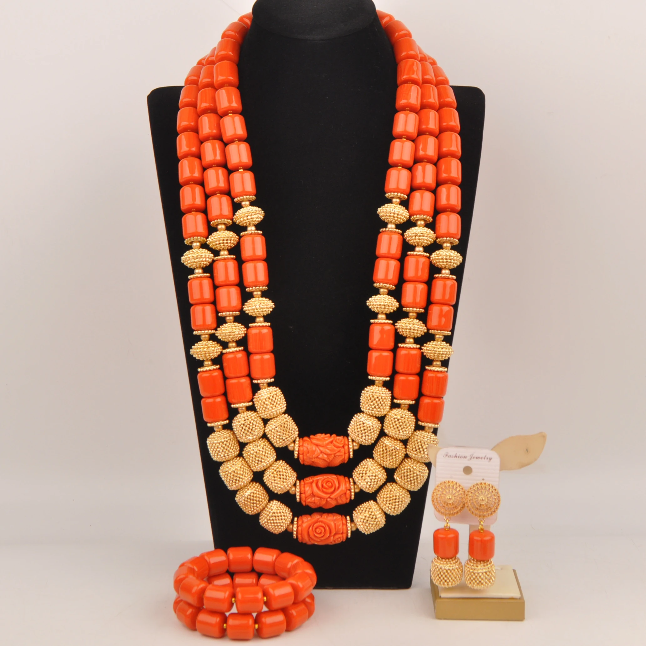 Fashion African Necklace Orange Artificial Coral Bead Bridal Jewelry Sets