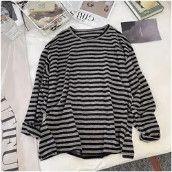 Spring Autumn Women Harajuku Striped Tshirt Long Sleeve Simple All-match Basic Casual Loose Comfortable Oversized T-Shirt 3XL