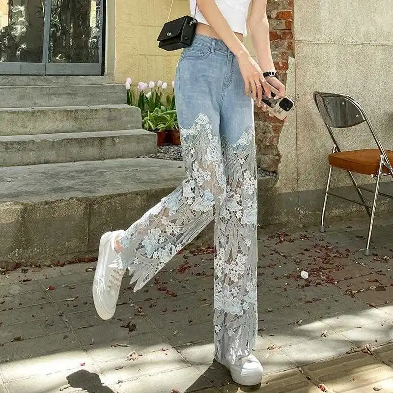 Lace Patchwork Jeans Women Straight Leg Slimming and Retro Casual Pants
