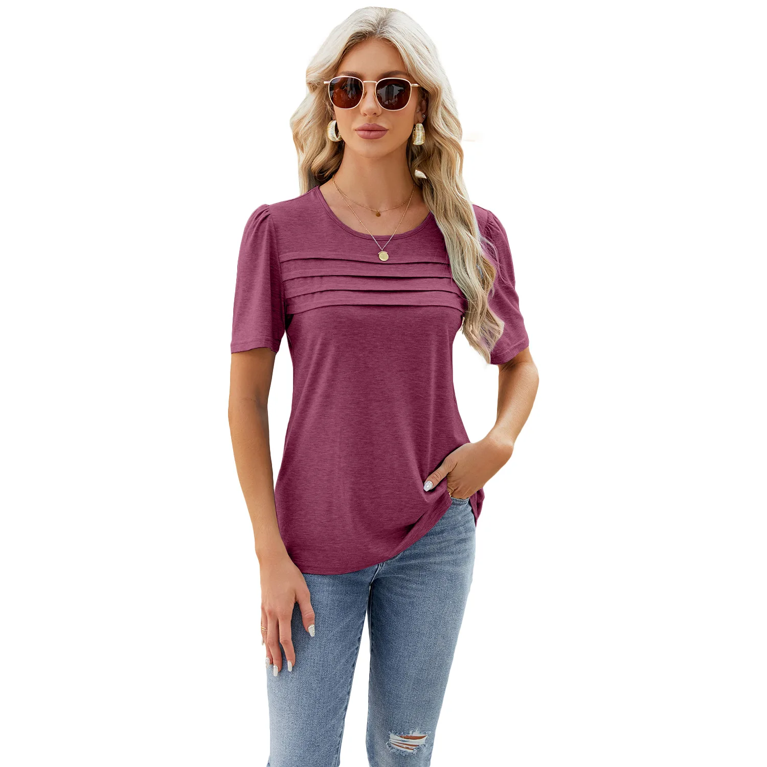 2024 Spring/summer New Solid Color U-neck Pleated Top T-shirt Woman
