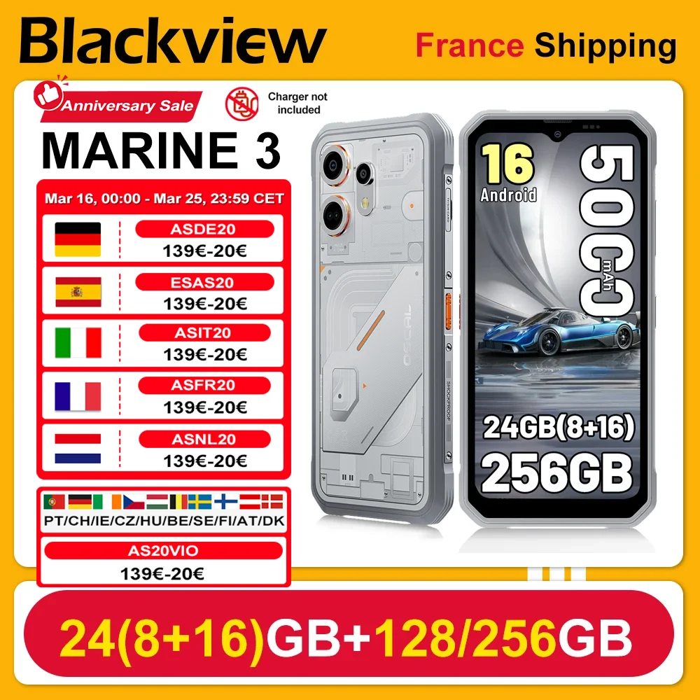 [Shipping From France] Blackview OSCAL MARINE 3 24GB(8+16)+256GB Rugged Smartphone 6.56" HD 5000mAh Android 16 90Hz NFC 18W