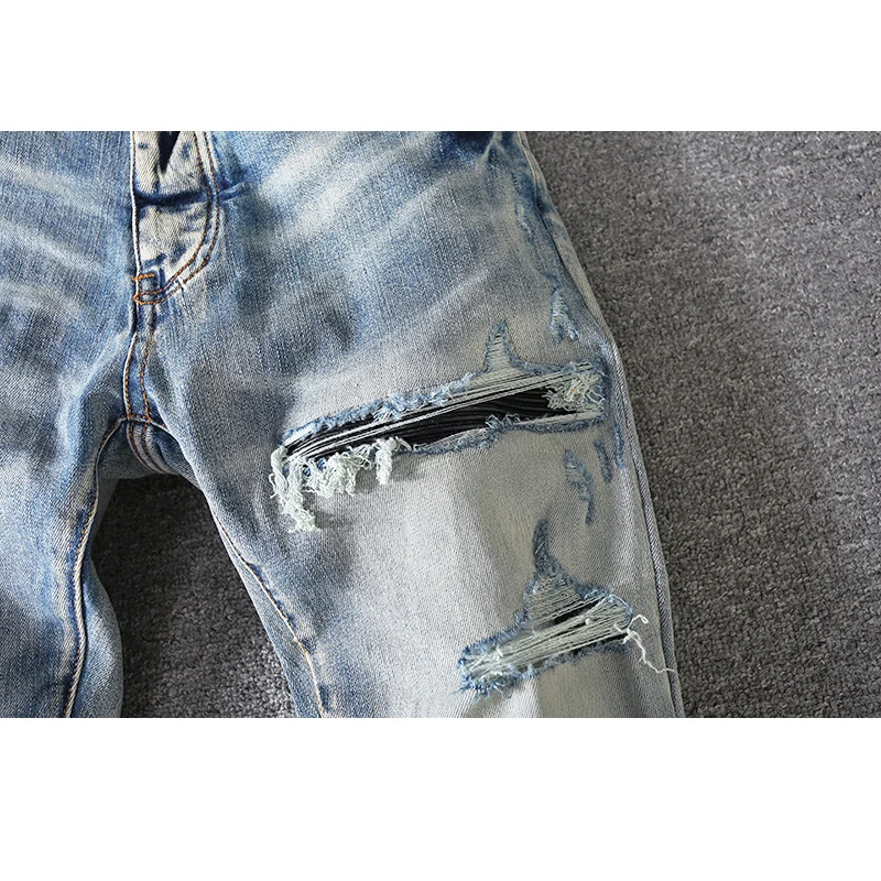 High street fashion new men's jeans washed nostalgic stretch slim fit perforated patch light blue jeans hip-hop high-quality pan
