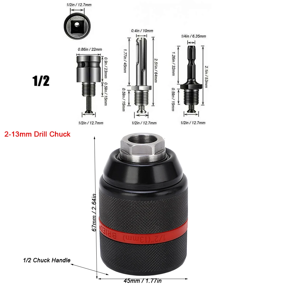 New 13mm Threaded Keyless Metal Drill Chuck, Hex Shank/SDS/Square Quick Grip Adapter, Chuck for Drill Bit Screwdriver Tap&Socket