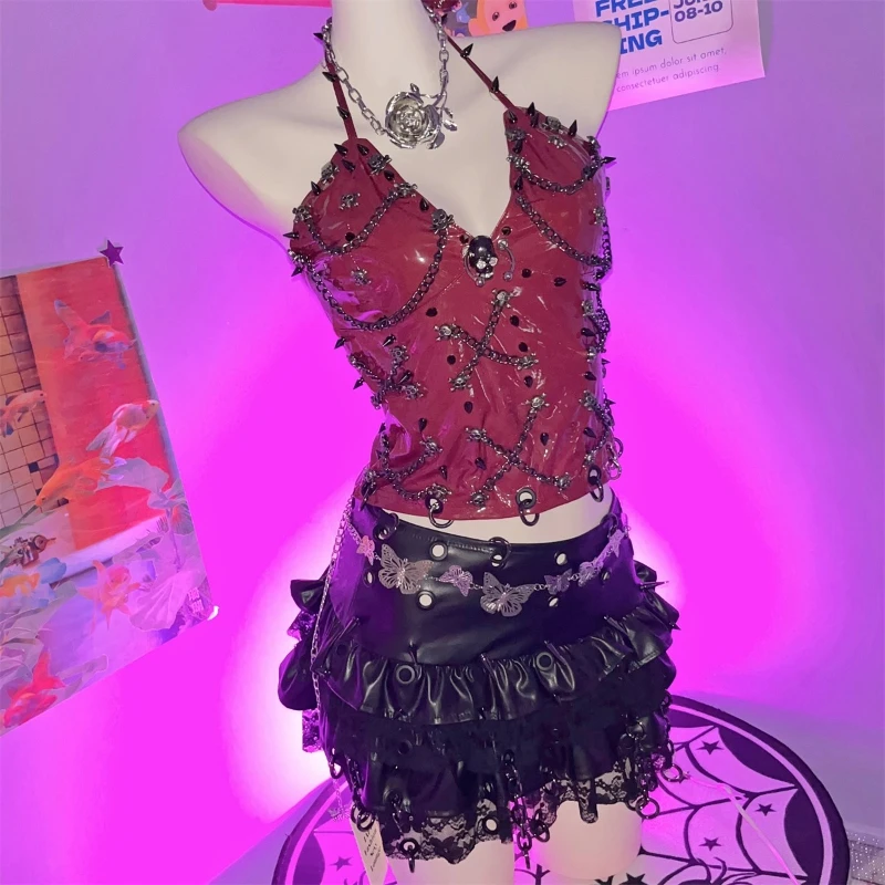 Punk Dark Y2K Hot Girl Spitze Nietenkette Damen Minirock Original Design Vielseitig Schwarz PU Leder Kuchen Kurze Röcke Damen