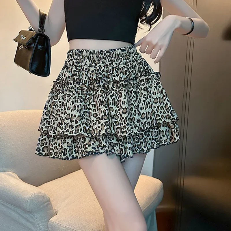 High Waist Sexy Leopard Skirt Women 2025 Summer Elastic Waisted Pleated A Line Skirts Woman Korean Ruffles Mini Skirts Female