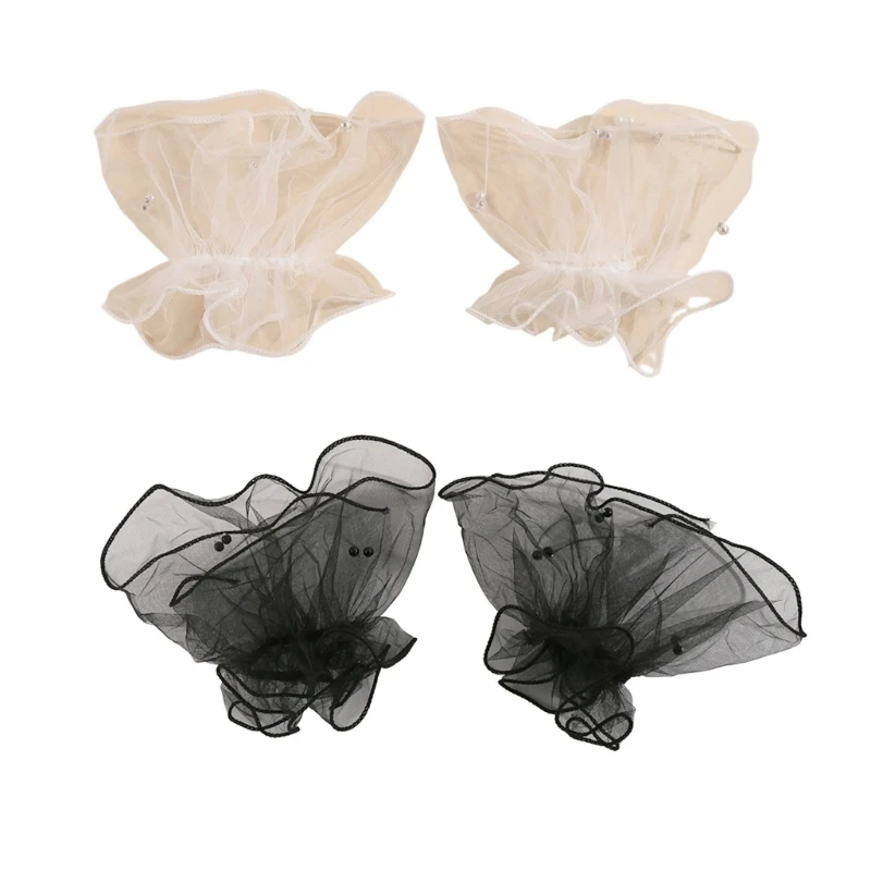 Q39C Pearls Trim Arm Covers Sheer Mesh Wrist Cuffs Cover for Evening Dress Styling