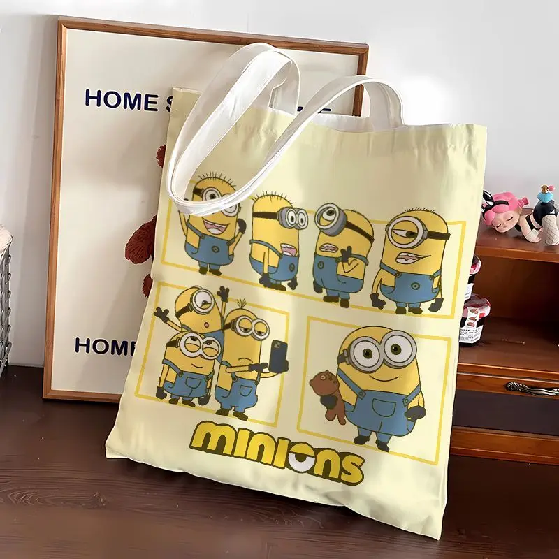 Bolsa de lona con diseño de dibujos animados de Minions, linda bolsa de compras portátil para estudiantes, bolsa de hombro, regalo, venta al por mayor