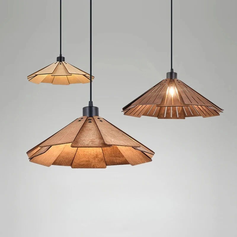 Wabi Sabi Style Restaurant Pendant Light Japanese Retro Wooden Art Tea Room Light Wooden Bar Counter Straw Hat Light Fixture