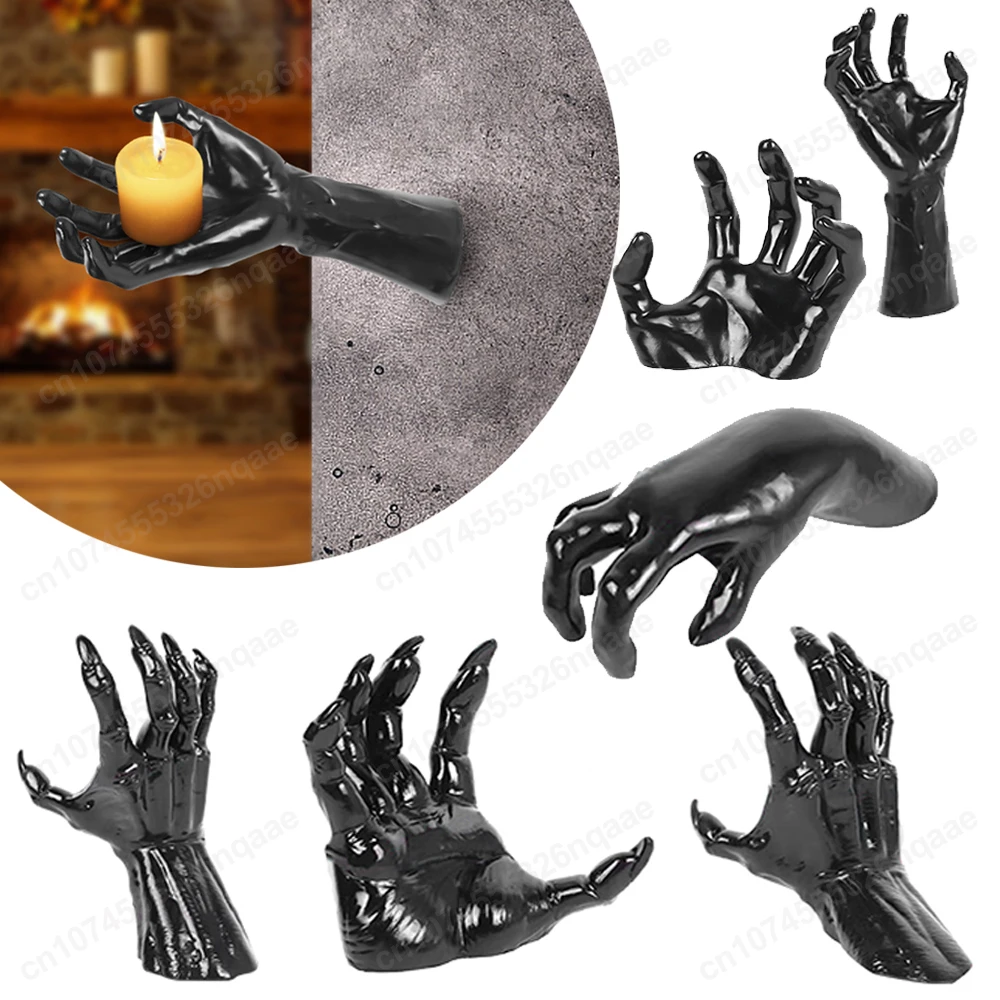 Devil Hand Statue Candle Holder Halloween Black Demon Hand Sculpture Wall Mounted Gothic Spooky Devil Hand Ornament Home Decor