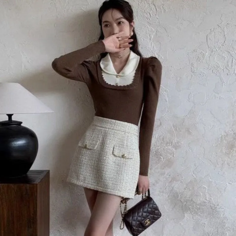 Peter Pan Collar Knitting Bottoming Shirt Women Autumn Winter Elegant Temperament Puff Sleeve Sweater All-match Knitwear Tops