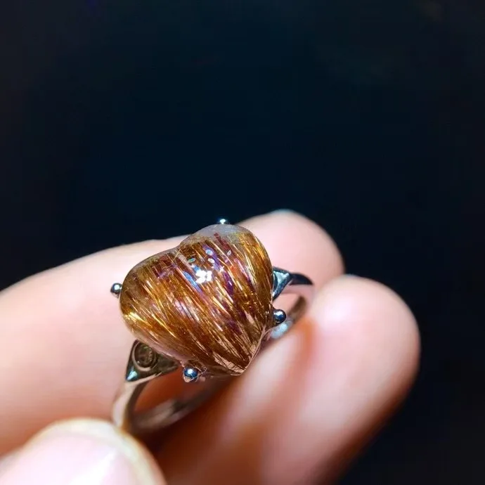 

Natural Copper Rutilated Quartz Adjustable Ring 11.2/10.5mm Cat Eye Women 925 Sterling Silver Wealthy Rutilated Jewelry AAAAAA