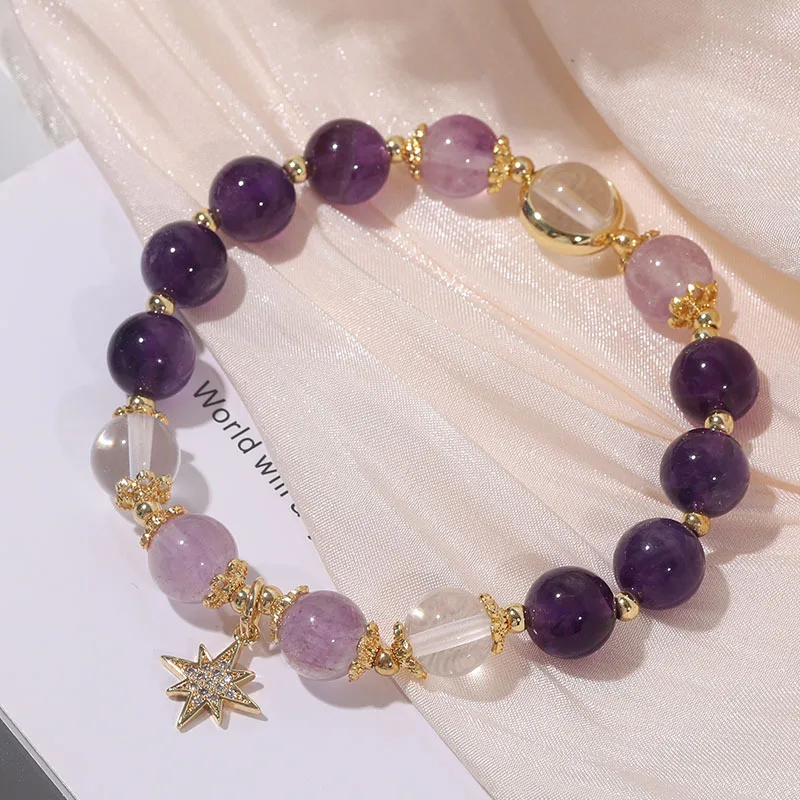 

Natural Amethyst Gemstone Bracelet Handmade Multi Color Crystal Bangle Inlaid Star Charm Stretch Bracelet for Women