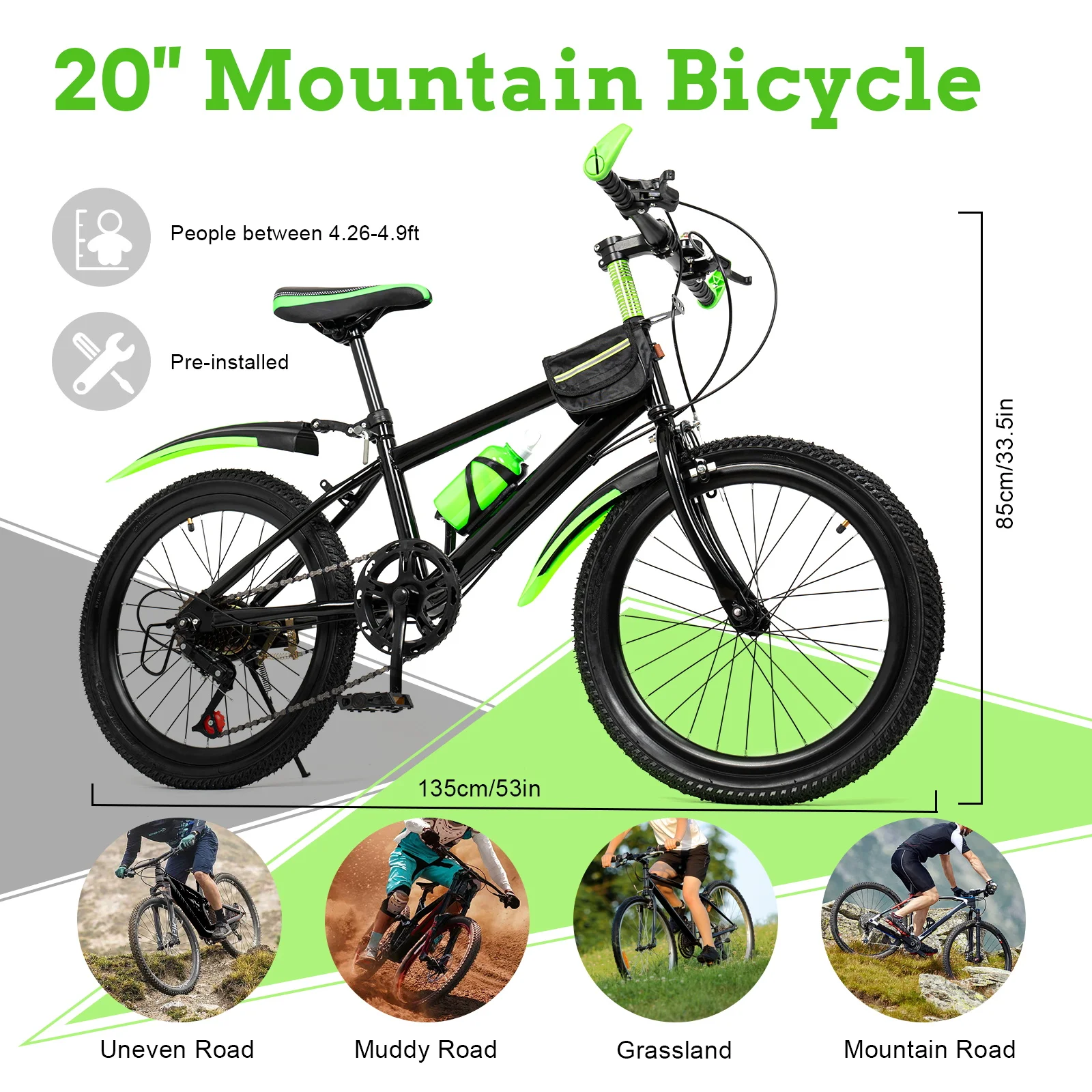 Bicicleta de montaña de 20 pulgadas y 7 velocidades, altura ajustable, bicicleta para niños, traje para niñas de 130-150cm