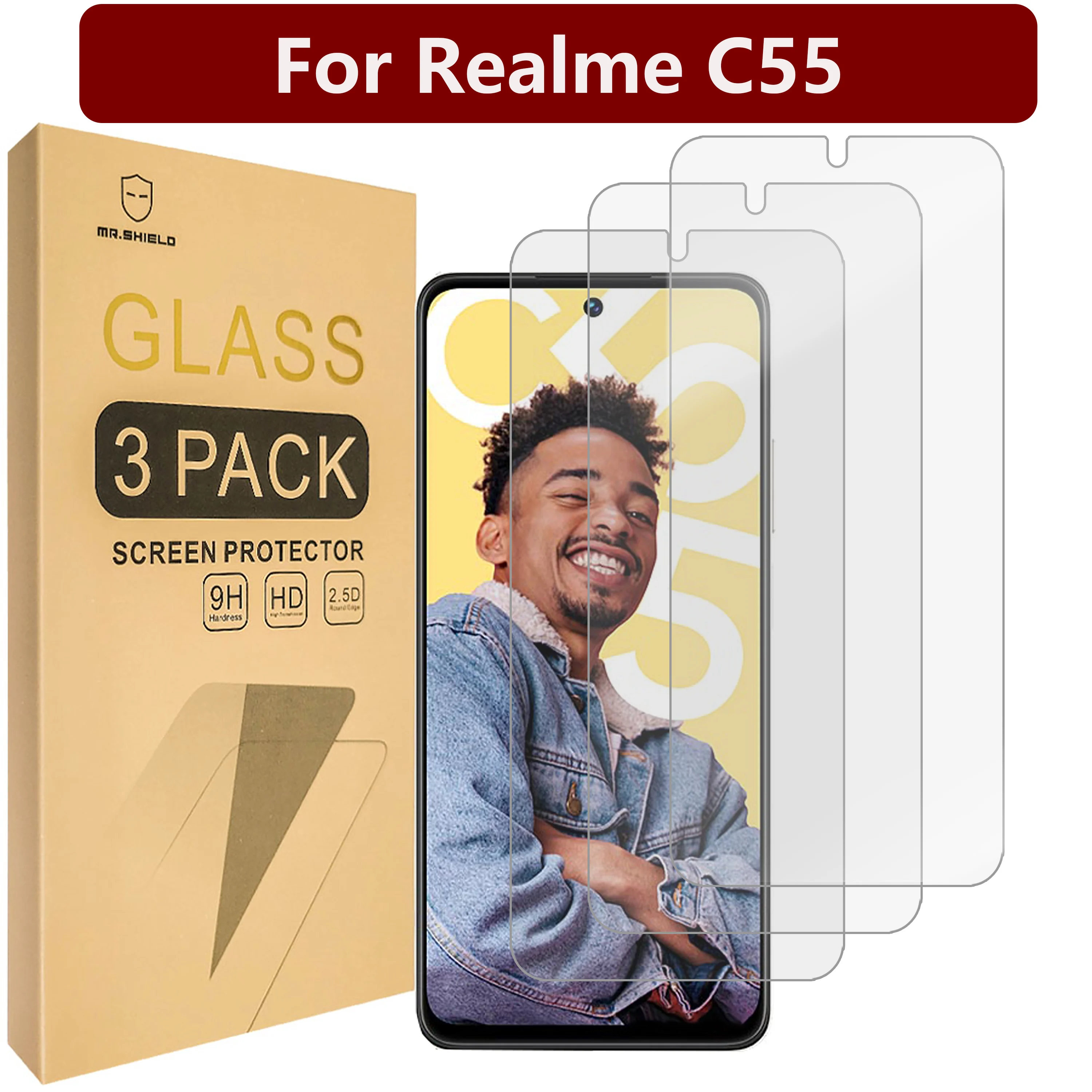 

Mr.Shield [3-Pack] Screen Protector For Realme C55 [Tempered Glass] [Japan Glass with 9H Hardness] Screen Protector