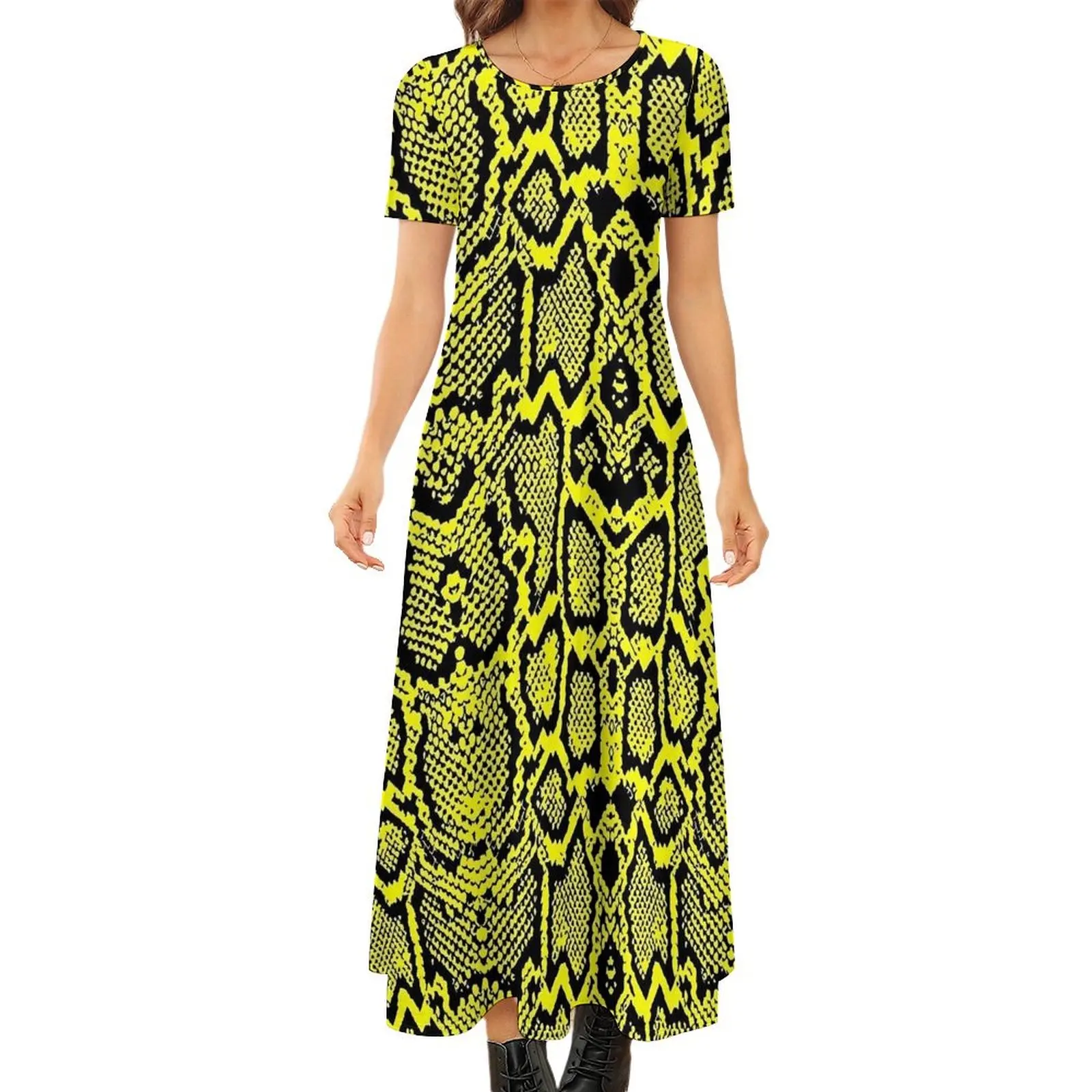 Yellow Snake Skin Print Dress  Street Wear Bohemia Long Dresses Female Modern Maxi Dress Gift Idea