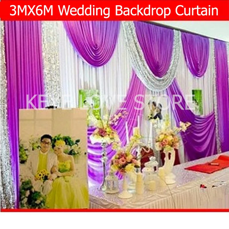 

Custom White Ice Silk Wedding Backdrop Curtain With Sequins Drape Valance Stage Backdrops Background For Party Event Decoration