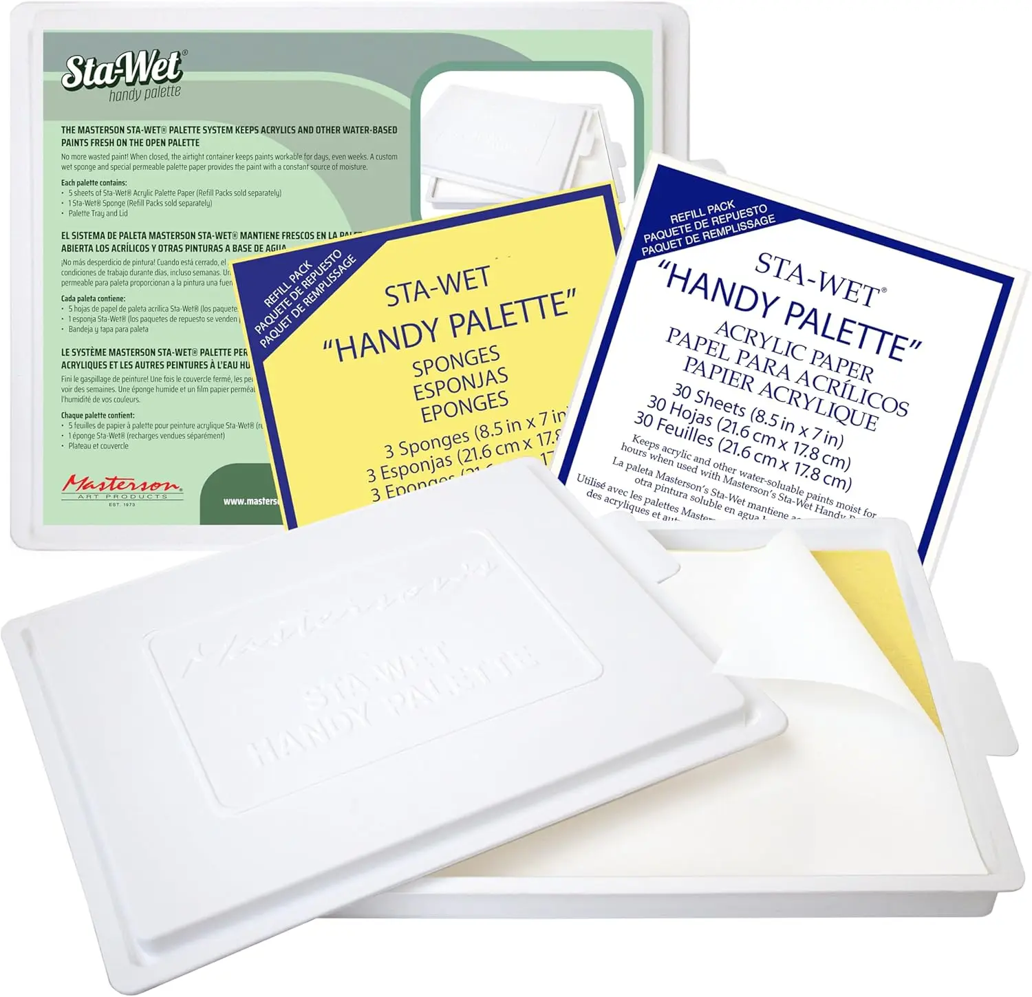

Sta-Wet y Palette Bundled Set, 8.5in x 7in Airtight Wet Painting Palette, with 30 Acrylic Paper Refill Sheets and 3 Sp