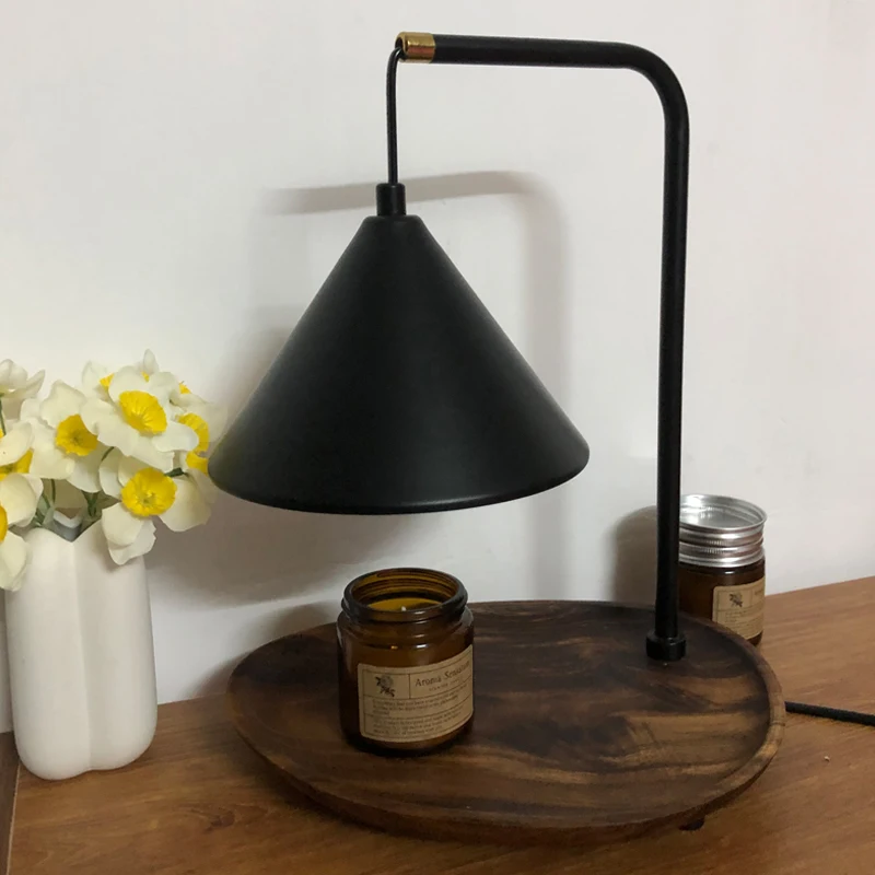 Chauffe-bougie électrique sans feu, lampe de table, base en bois, corps en fer, abat-jour créatif, aromathérapie, vintage, AC 85-265V, Wa Sabi