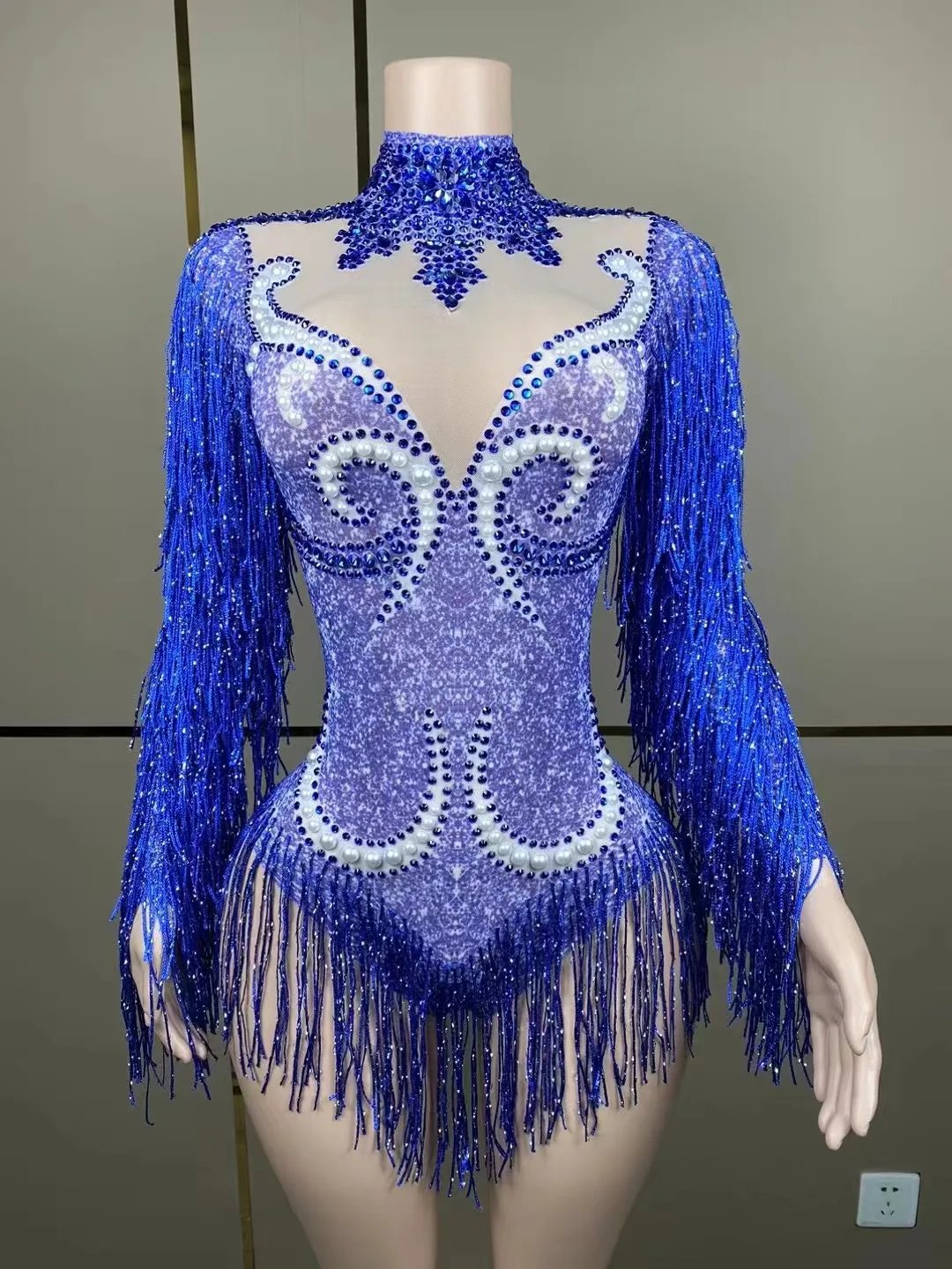Combinaison courte brillante avec strass pour femmes, ensemble Sexy à franges en maille transparente, Costume de danse latine pour spectacle sur scène et discothèque