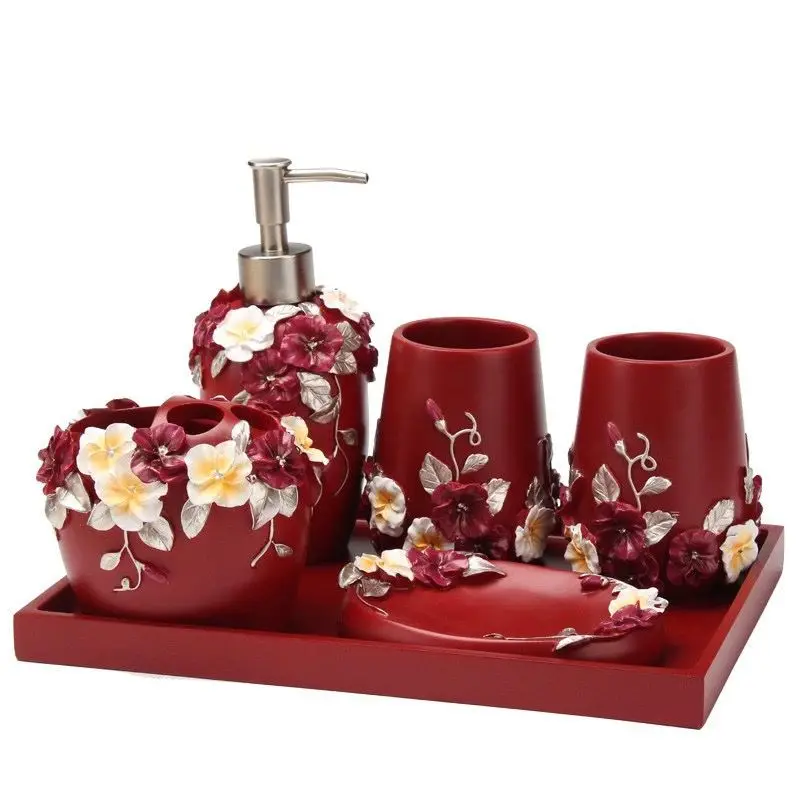 

Creative Resin Red Embossed Floral Lotion Bottle Mouthwash Cup Toothbrush Holder Soap Dish Bathroom Six-Piece Set Soap Dispenser