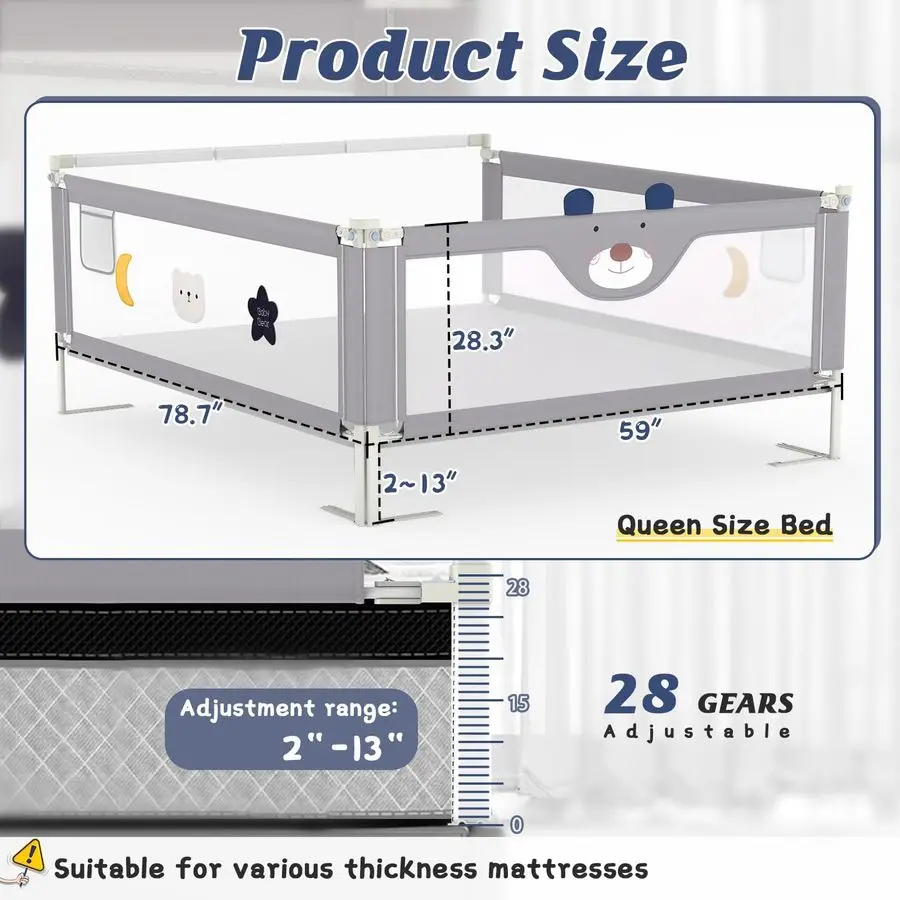 Trilho de cama para crianças com haste de cabeceira, guarda de trilho de cama de bebê ajustável, cama dupla queen king size 3, 78,7 78,7 59 polegadas que