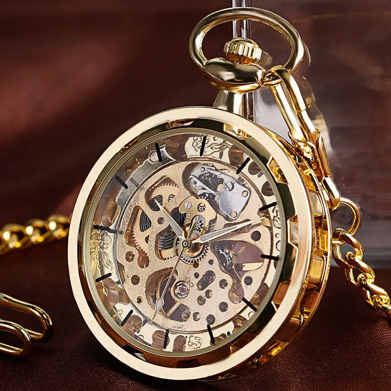 

Golden Style Open Face Half Hunter Mechanical Pocket Watch Steampunk Skeleton Fob Chain for Men Women