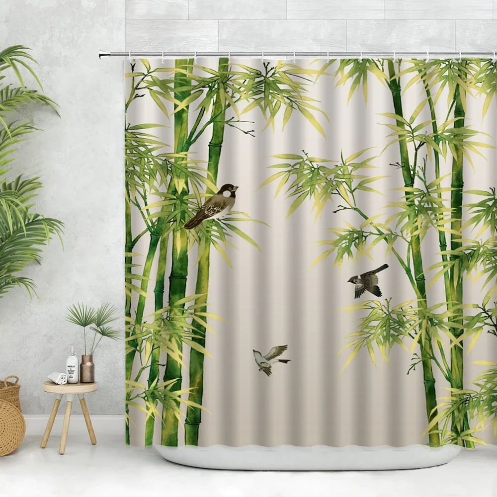 Bamboo Shower Curtains Chinese Alphabet Design for Tranquility Harmony and Peace Words Asian Art Pattern Bathroom Decor Curtain