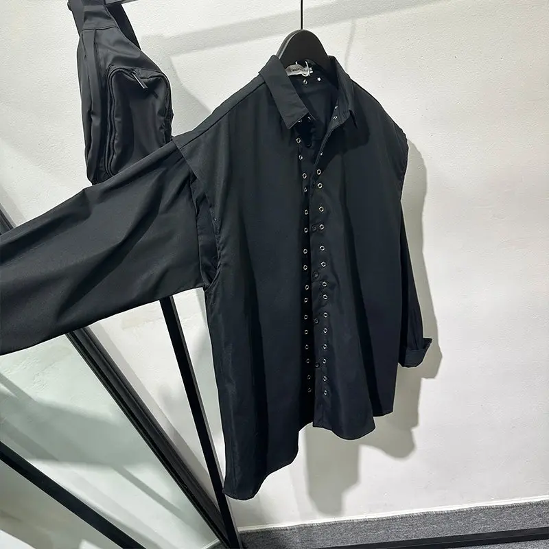 Spring Popular Fashionable Design Stitching Fake Two-Piece Loose Long-Sleeved Shirt Dark Tooling Rivet Avant-Garde Top