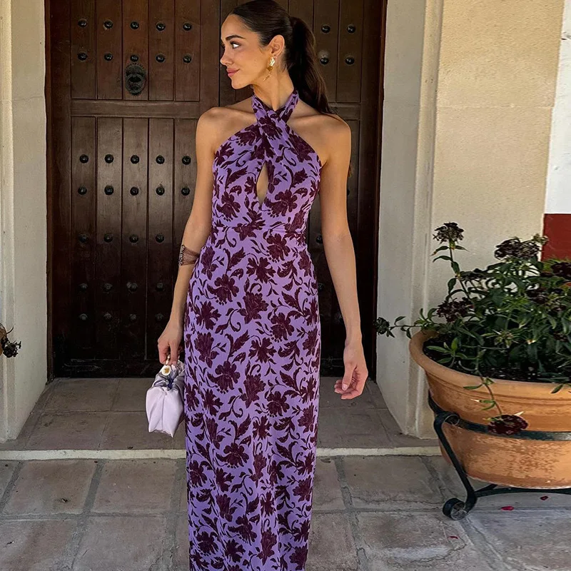 2025Summer New European and American 's Fashion Halter Neck Off-Shoulder Printed Backless Slit Dress Women