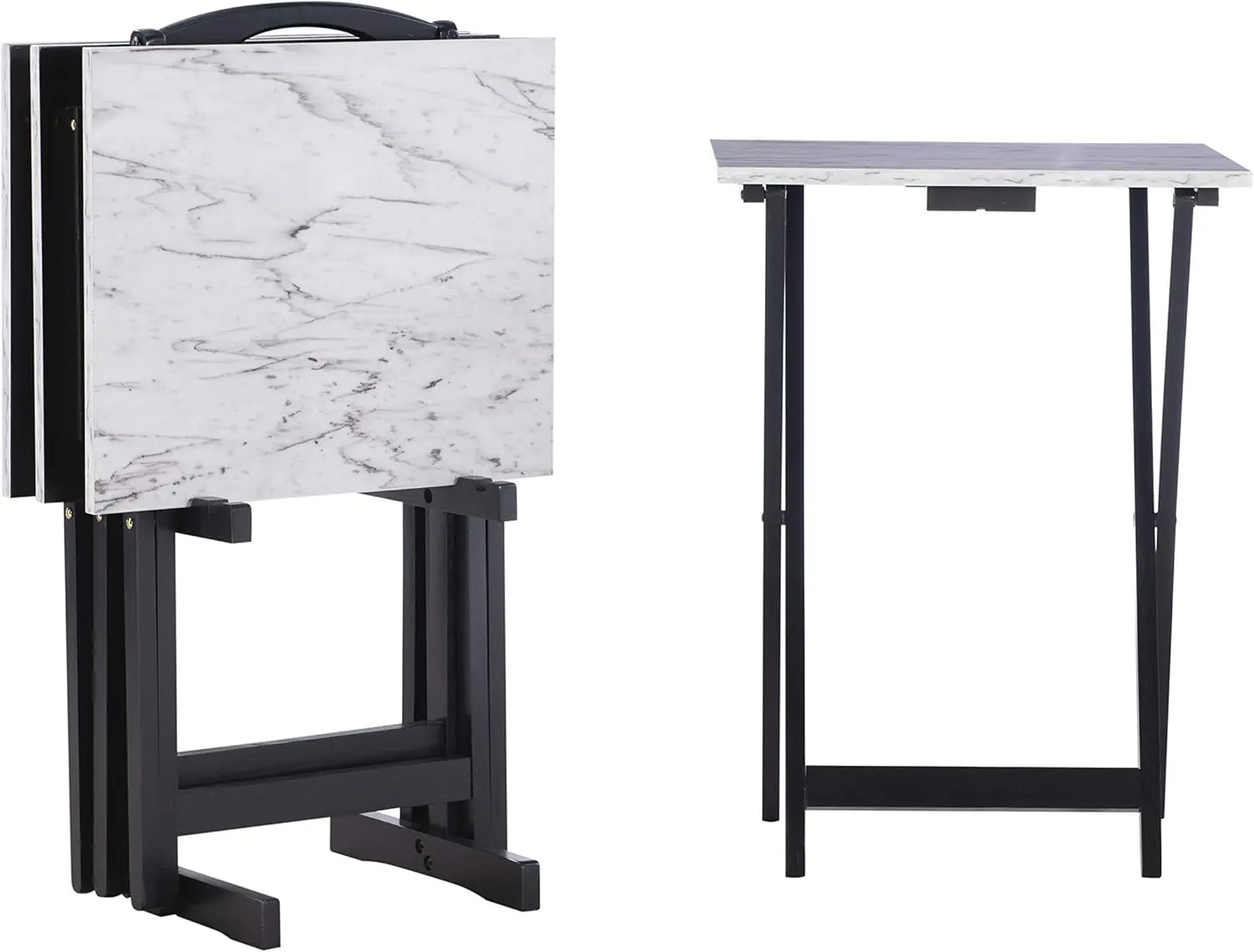 

White Faux Marble Tray Table Set with Stand - 4 Portable Tables, Black Base, Easy Assembly