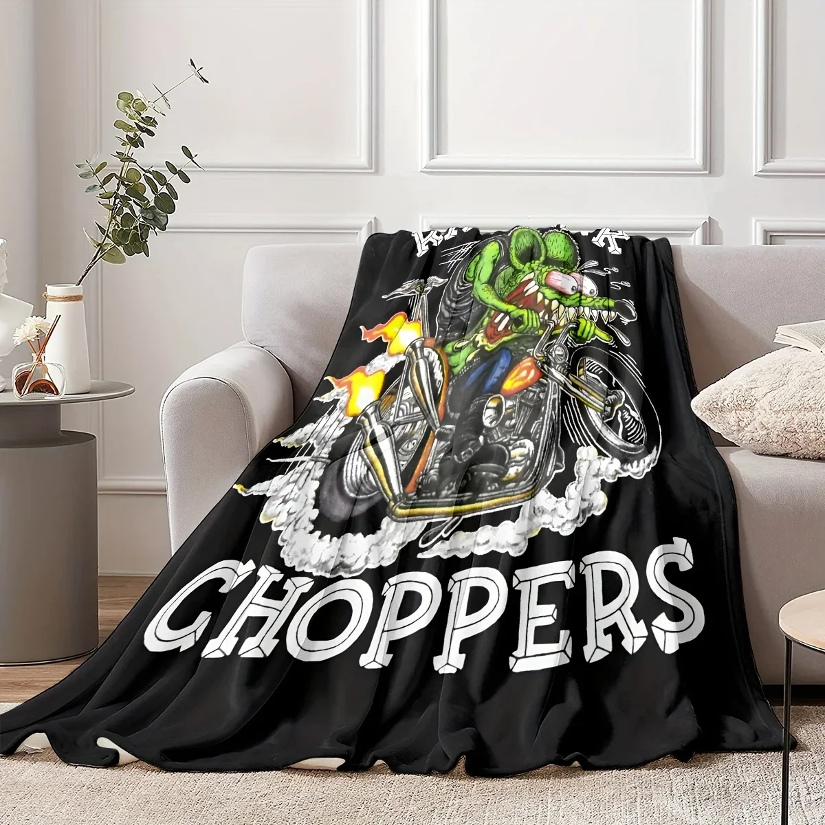 Warm & Cozy Flannel Motorcycle Rat Print Blanket | Contemporary, Easy-Care, and Versatile for All Seasons and Travel