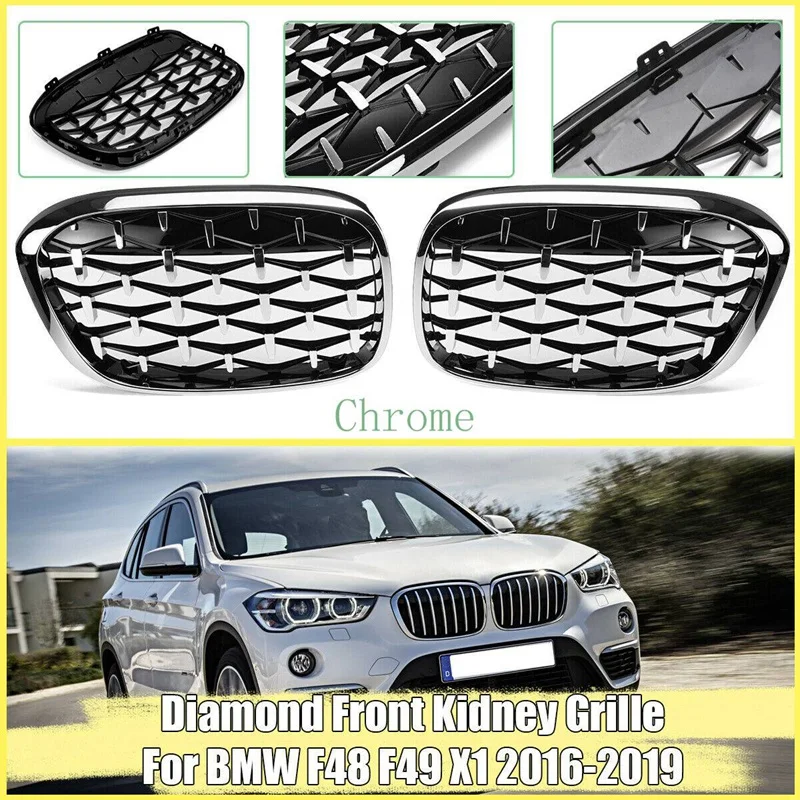 NEW-2PCS Front Kidney Diamond Meteor Style Grille Grills For -BMW X1 F48 F49 2016 2017 2019 Racing Grill Chrome