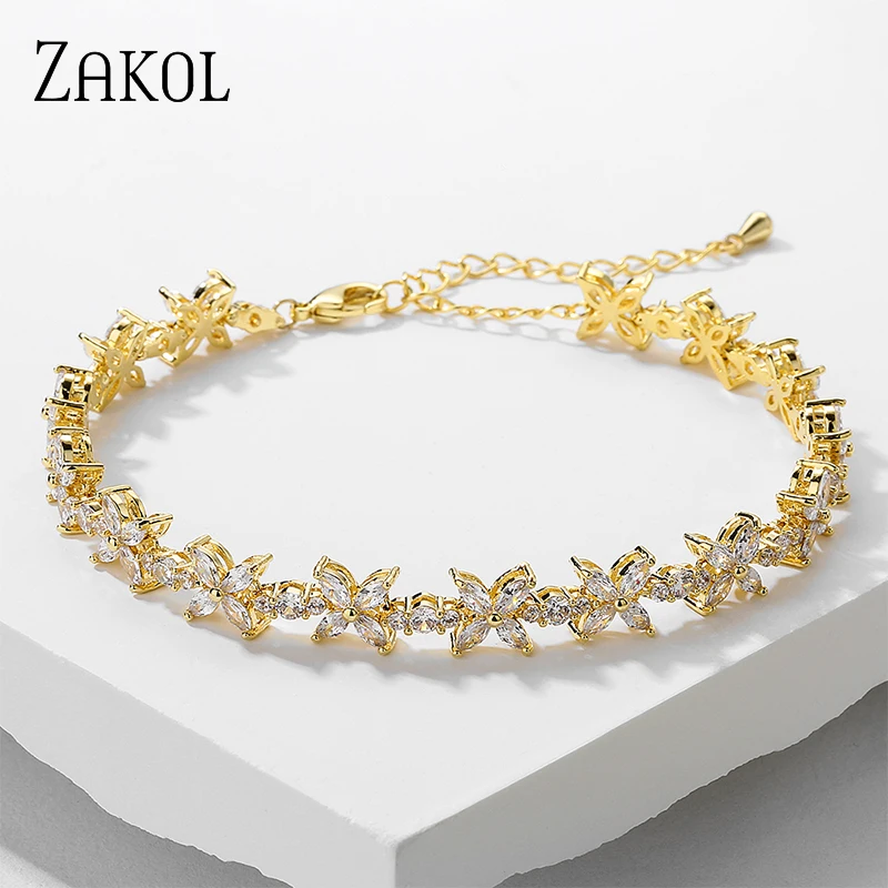 ZAKOL New Gold Color Cubic Zirconia Leaf Charm Bracelet & Bangles for Women Trendy CZ Crystal Bride Wedding Jewelry BP2255